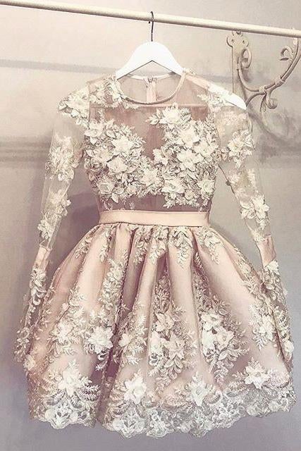 A-Line Homecoming Dresses,Round Neck Homecoming Dress,Short Homecoming Dress,Light Champagne Homecoming Dress with Appliques,Long Sleeves Homecoming Dresses,Homecoming Dress