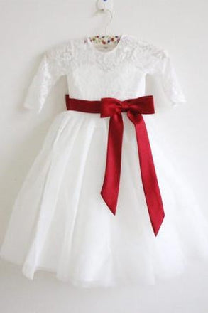 Long Sleeves Ivory Burgundy Sash Bows Lace Tulle Flower Girl Dress IN211
