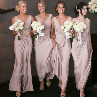 Elegant V-neck Sheath Pink Bridesmaid Dresses Long Party Dress for Maid of Honor IN1834
