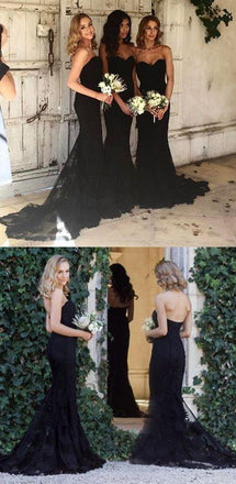 Mermaid Style Sweetheart Sweep Train Black Long Bridesmaid Dress with Lace IN449