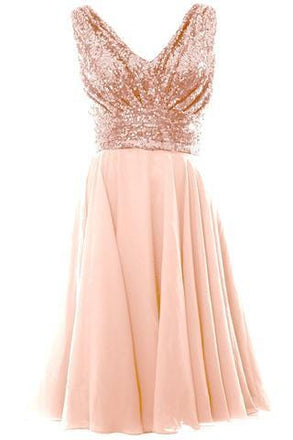 Cute Blush Pink V Neck Sleeveless Chiffon Short Bridesmaid Dress with Rose Gold Sequins IND59