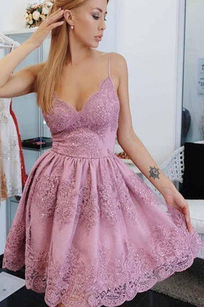Spaghetti Strap Short A Line Homecoming Dresses with Lace Appliqes INM39