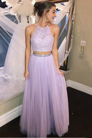 Two Piece Halter Backless Tulle Lavender Prom Dress with Lace Beading INI75