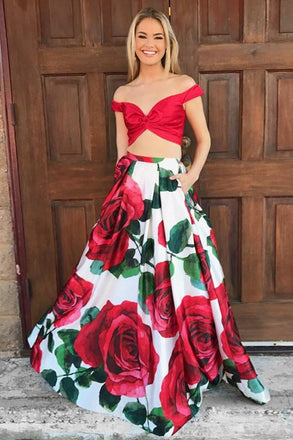 Two Piece Off-the-Shoulder Floor-Length Red Floral Prom Dress with Pockets INI96
