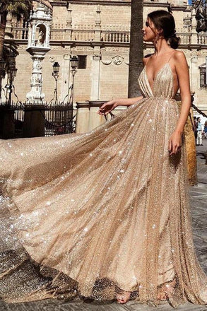 Charming A Line V Neck Spaghetti Straps Sequin Long Prom Dress INE44