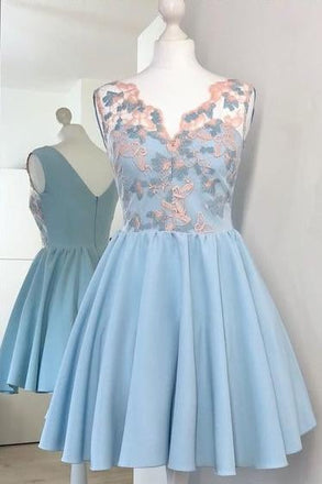 Cute V-Neck A Line Light Blue Short Homecoming Dress with Appliques IND44