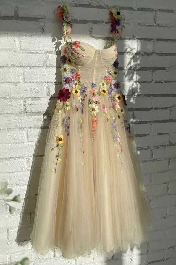 Colorful Pattern Appliques Formal Party Dresses 3D Flowers Straps Prom Dress IN1975