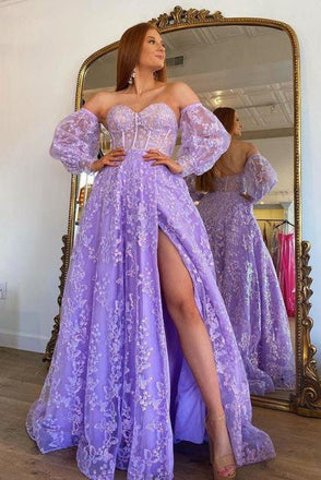 Sweetheart Lilac Long Evening Party Dress Embroidered Butterfly Detachable Sleeves Lavender Prom Dresses IN1977