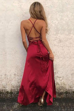 Red A-Line Spaghetti Straps Sleeveless Floor-Length Sexy Slit Prom Dresses IND94