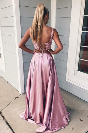 Two Piece Square A Line Pink Split Long Prom Dress with Lace Pockets INI72