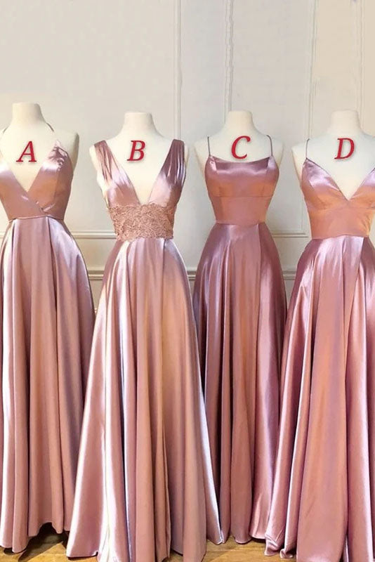 Mismatched Dusty Rose A Line Satin Long Cheap Bridesmaid Dresses IN1842