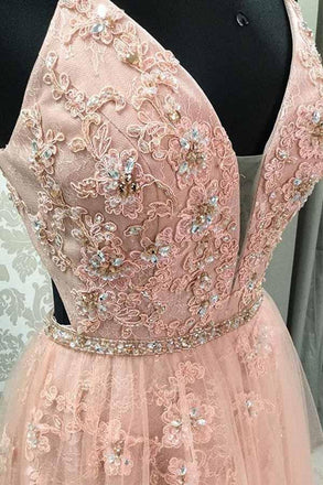 Blush V Neck Prom Dress with Straps, Long Prom Gown with Appliques INJ49