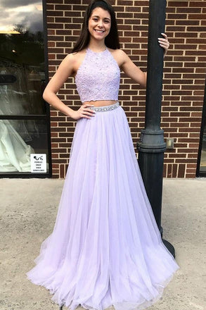 Two Piece Halter Backless Tulle Lavender Prom Dress with Lace Beading INI75