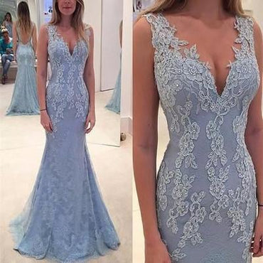 Elegant Lace Blue Long Mermaid Prom Dress, Charming Evening Party Gown IN138