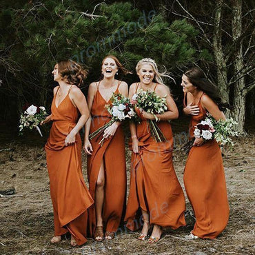 Charming Chiffon V-neck Spaghetti Straps Orange Split Long Bridesmaid Dress ING58