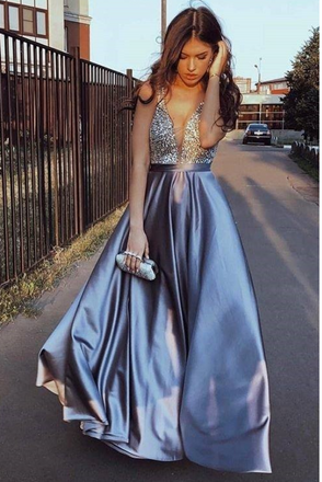 Sexy Blue V-Neck Beaded A Line Prom Dress Formal Evening Dress INF95