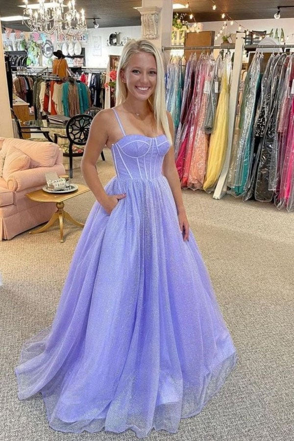 Lavender A Line Spaghetti Straps Long Prom Dresses, Formal Evening Dresses IN1823