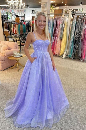 Lavender A Line Spaghetti Straps Long Prom Dresses, Formal Evening Dresses IN1823