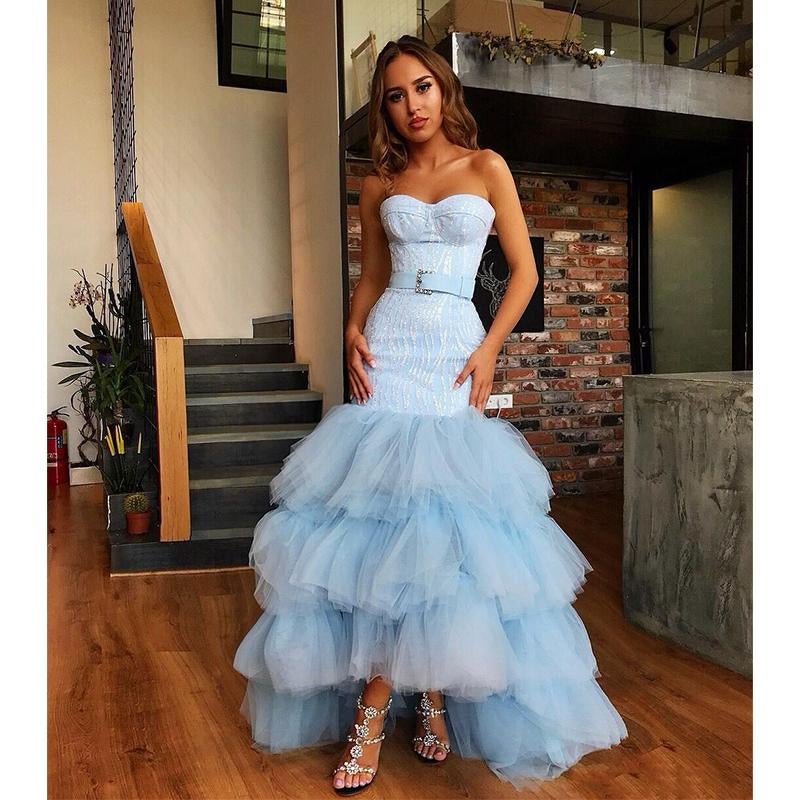 Sky Blue Tulle Sweetheart Neck Long Layered Evening Dress Cheap Prom Dresses INI47