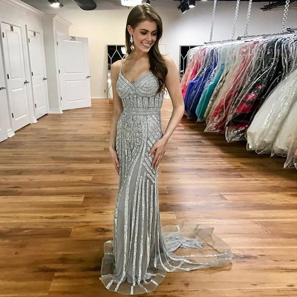 Silver Beaded Long Spaghetti Straps Mermaid Prom Dresses INE56