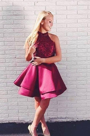 Two Piece A Line Burgundy Lace Top Homecoming Dresses IND26