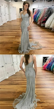 Silver Beaded Long Spaghetti Straps Mermaid Prom Dresses INE56