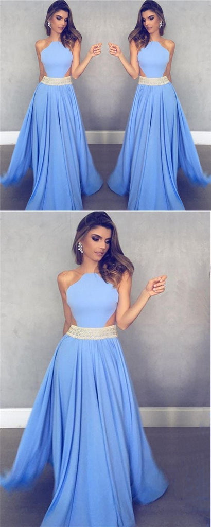 Unique Blue Chiffon Long A Line Beaded Prom Dresses IN832