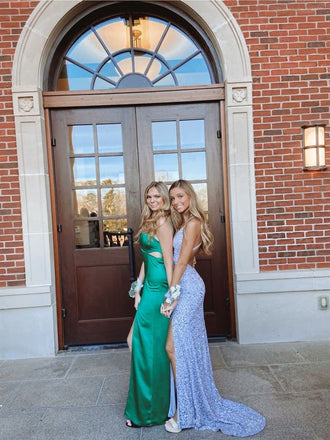 Backless Glitter Mermaid V Neck Blue Sequin Prom Dresses with Slit Long Evening Gown INDP3
