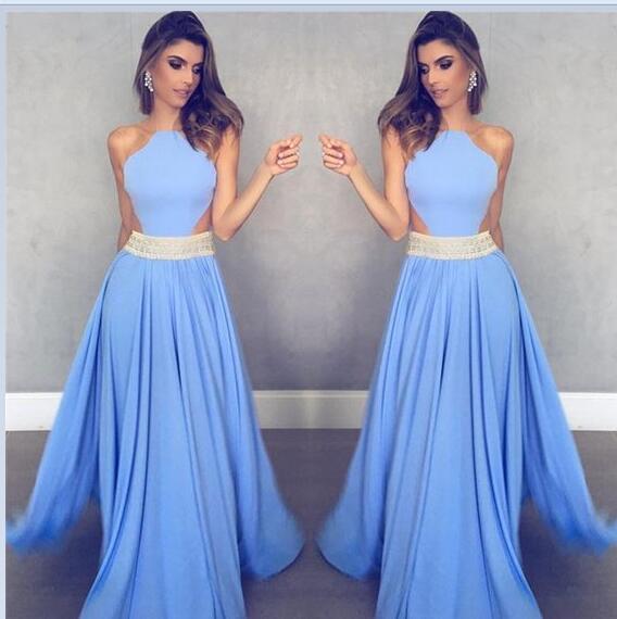 Unique Blue Chiffon Long A Line Beaded Prom Dresses IN832