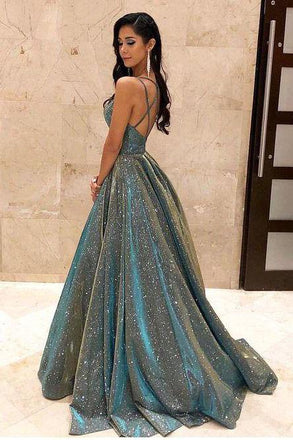 Charming V Neck Sparkly Long Prom Dresses with Pockets, Cross Back Evening Dresses INQ87