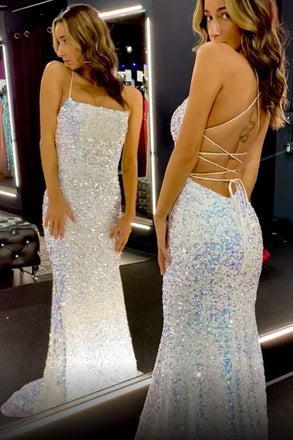 Mermaid Sparkly Sheath Prom Dress Sequin Long Backless Formal Evening Gown INDP2