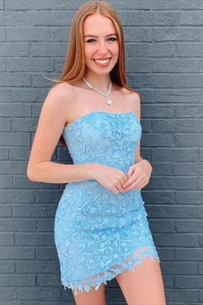 Sheath Strapless Short Sky Blue Lace Homecoming Dress Fashion Graduation Dresses INHD32