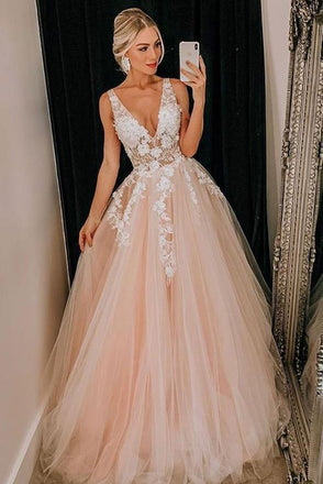Pink Tulle V Neck Long Senior Prom Dress, Formal Dress With Applique INQ84