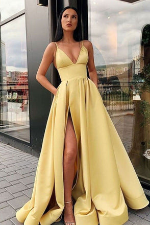 Charming A Line Spaghetti Straps Yellow Prom Dresses with Split Front INQ86