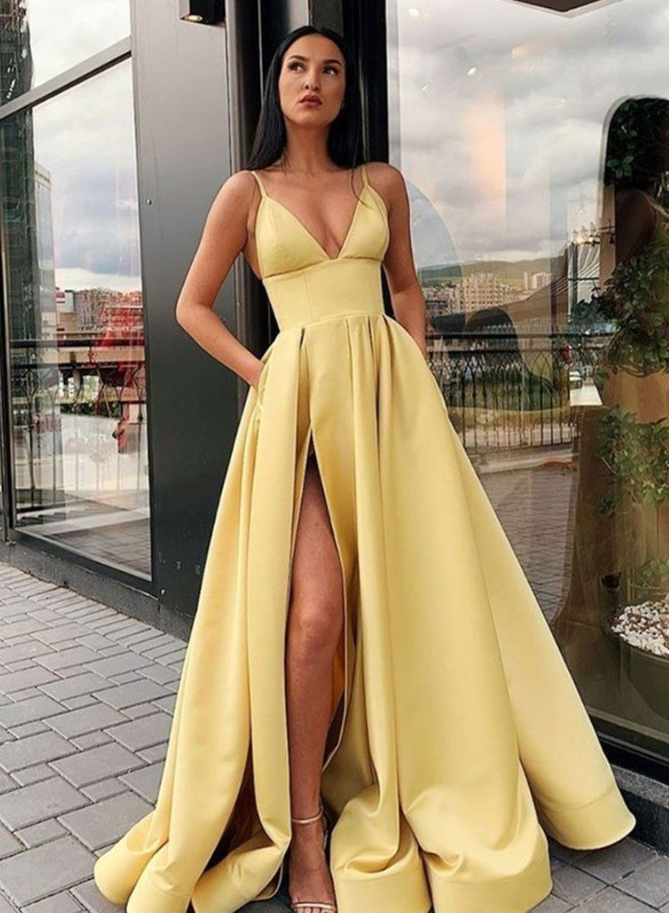 Charming A Line Spaghetti Straps Yellow Prom Dresses with Split Front INQ86