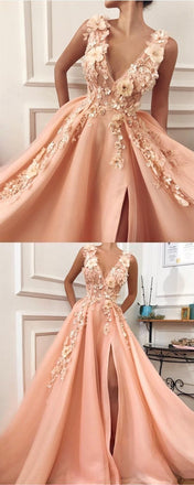 Charming V neck Long Prom Dress,Tulle Evening Party Dress with Flower INH55