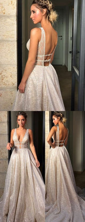Sparkly Deep V Neck Wedding Dress Bridal Gown,Sequin Prom Dresses INF60