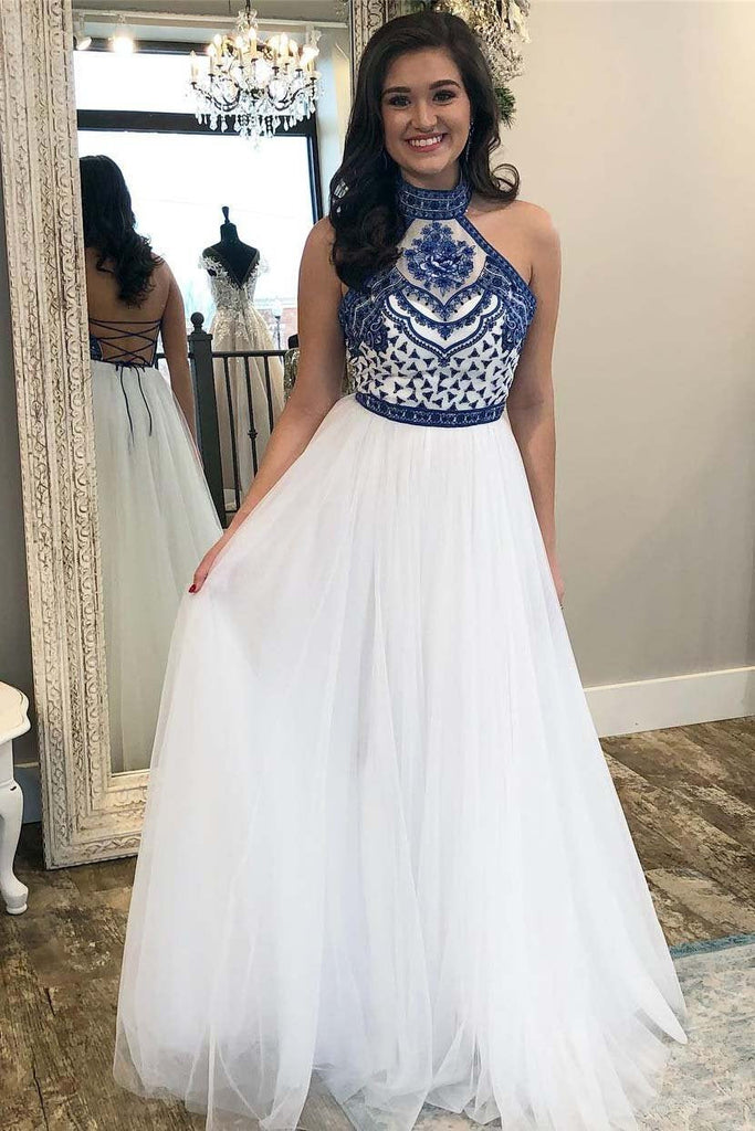 A Line Off White Halter Prom Dresses Cheap Long Formal Party Dress OKJ57 indresses