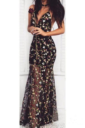 Black Mermaid Floral Prom Dresses Sexy V Neck Straps Formal Dresses ING88