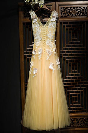 Charming Flowy Long Tulle V Neck Prom Dress With Lace Butterflies IN989