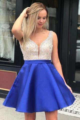 A Line V Neck Sleeveless Homecoming Dress, Beading Satin Short Prom Dresses INN41