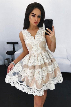 Off White Lace Short Prom Dress, Cute A Line Homecoming Dresses IND97