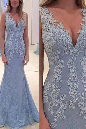 Elegant Lace Blue Long Mermaid Prom Dress, Charming Evening Party Gown IN138