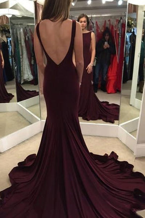Elegant Mermaid Burgundy Sweep Train Prom Dress with Open Back IN132