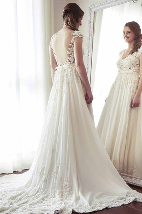 A-Line V-Neck Lace Appliqued Cap Sleeves Ivory Long Wedding Dresses INC72