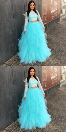 Full Sleeve Evening Dress, Two Piece Tulle Lace Top Prom Dress, Elegant Formal Dress INE90