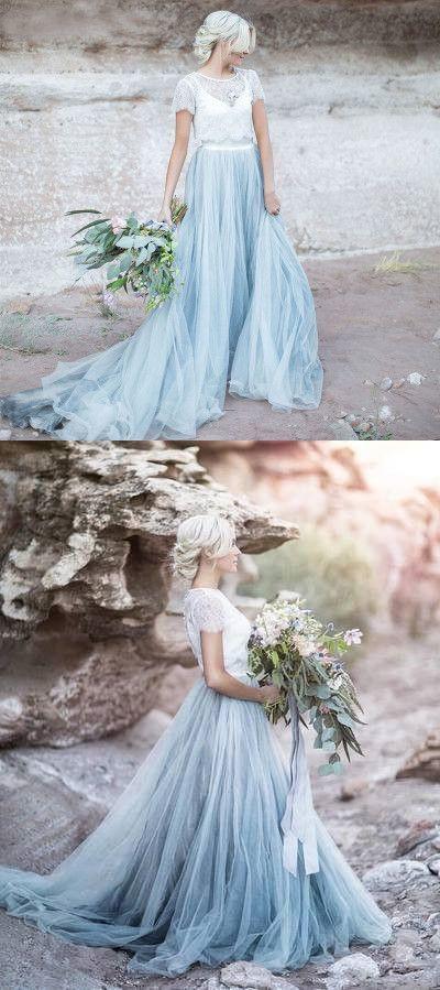 Beautiful lace Top Short Sleeves Prom Dress, A Line Cheap Wedding Dresses ING4
