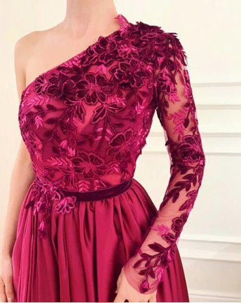 Burgundy A Line Applique Long Sleeve One Shoulder Prom Dresses With Slit INH61