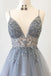 Gray Spaghetti Straps Beaded Tulle A Line Prom Dress Evening Party Dress INS52
