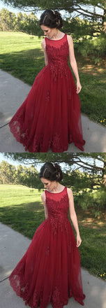 A Line Red Appliques Long Tulle Formal Prom Dresses INE47
